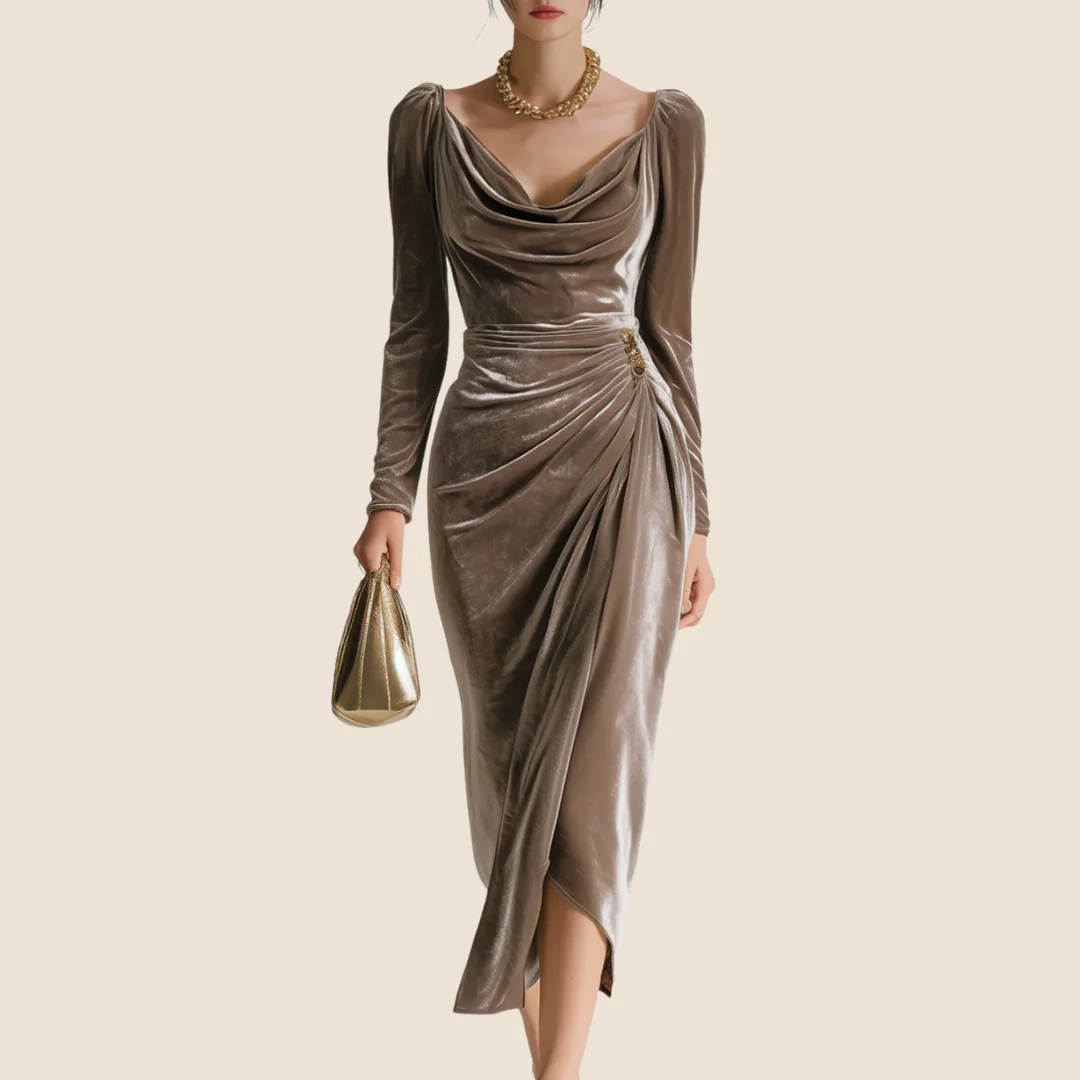 Sabrina| Elegante vestido midi con suave cuello en cascada