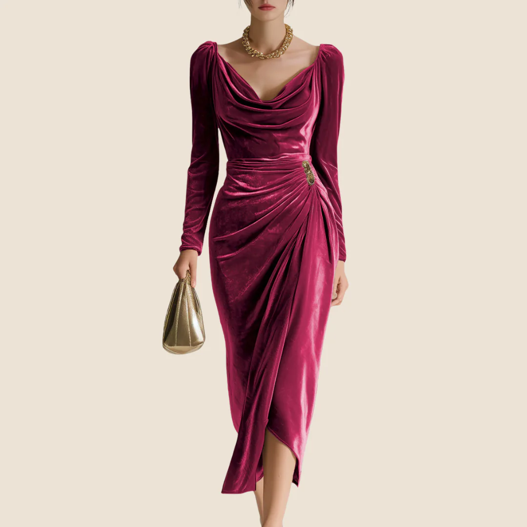 Sabrina| Elegante vestido midi con suave cuello en cascada