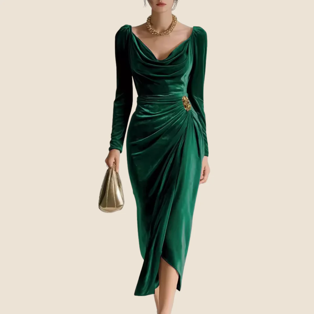 Sabrina| Elegante vestido midi con suave cuello en cascada